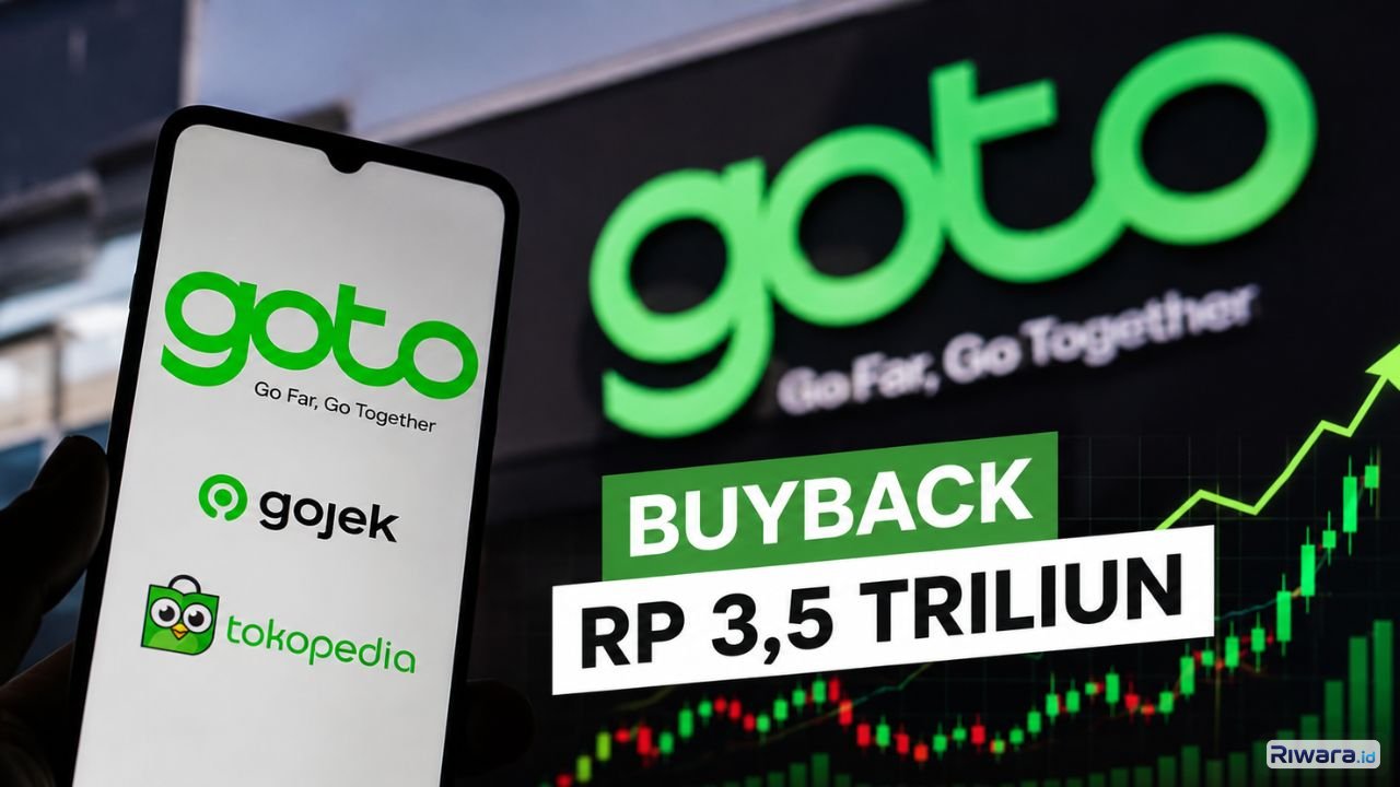 Ilustrasi logo GOTO dengan latar grafik saham menguat usai perusahaan mengumumkan rencana buyback saham senilai Rp35 triliun untuk memperkuat struktur modal dan meningkatkan nilai pemegang saham